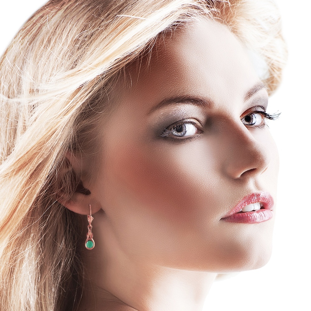 14K. GOLD LEVER BACK EARRINGS WITH NATURAL EMERALD - Picture 3 of 4
